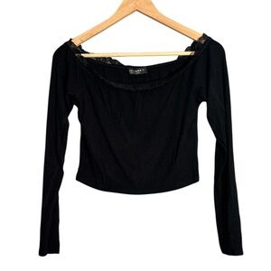 Liz & Sara Black Lace Detailing Long Sleeve‎ Crop Top Size L